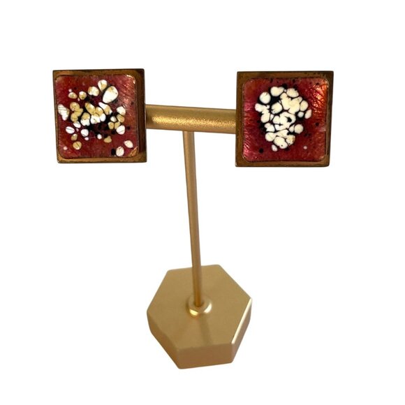 Vtg 50’s Matisse Renoir Square Brass Clip-On Earrings Red White Enamel Abstract - Picture 1 of 6